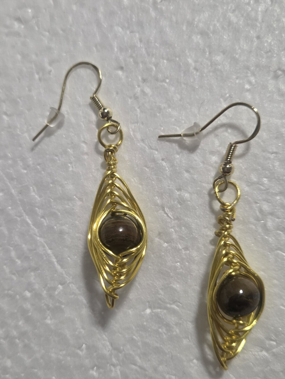 Handcrafted Gold Wire-Wrapped Brown Tiger Eye Stone Drop Earrings